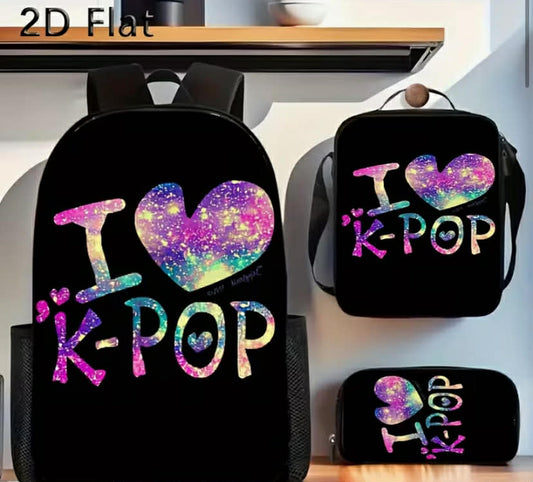 3 pcs Travel Bag KPOP Large-Capacity Lightweight Nylon Backpack with Messenger Bag And Pencil Case,