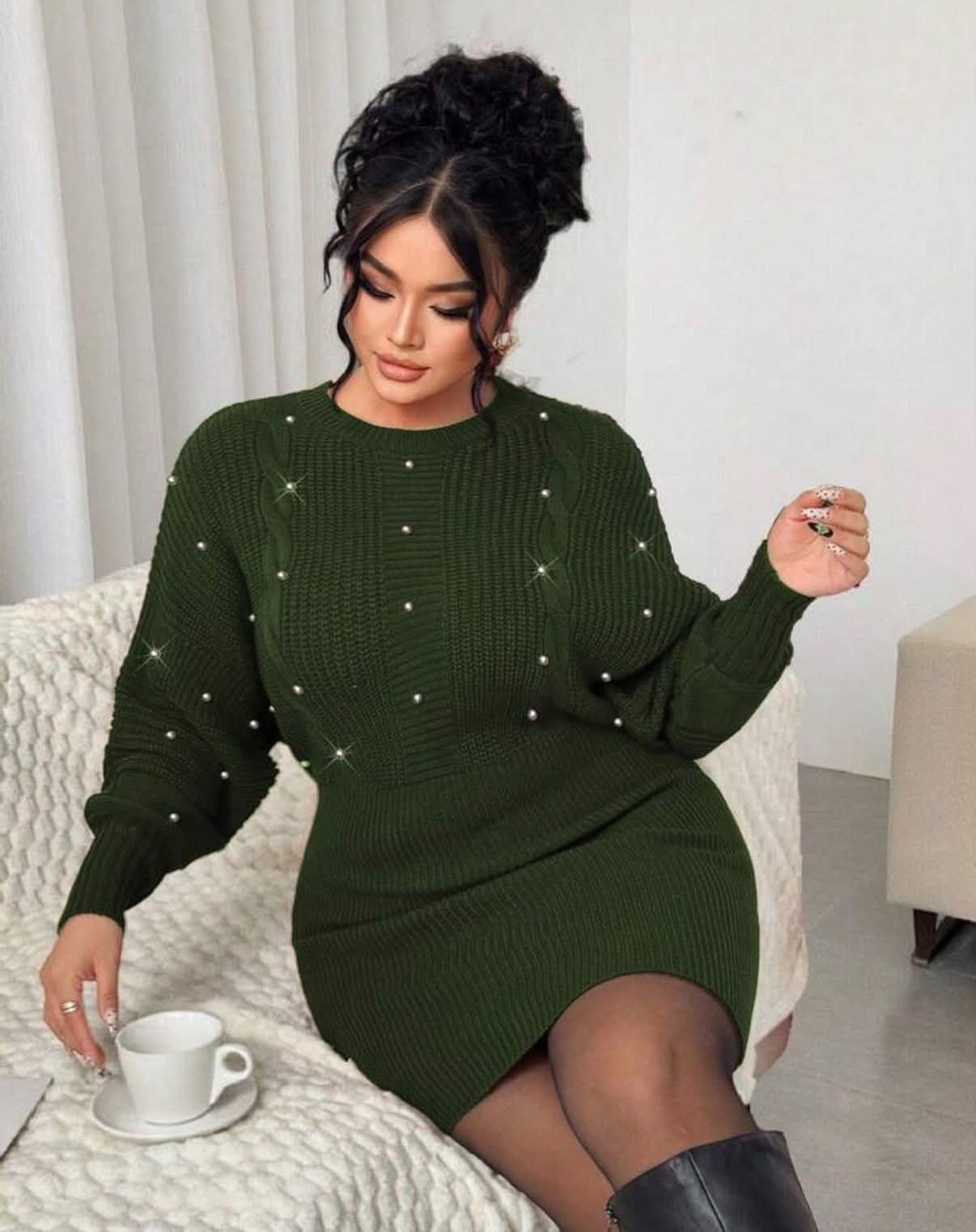 Women's Elegant Loose Beaded Long Sleeve Plus Size Sweater Dress,