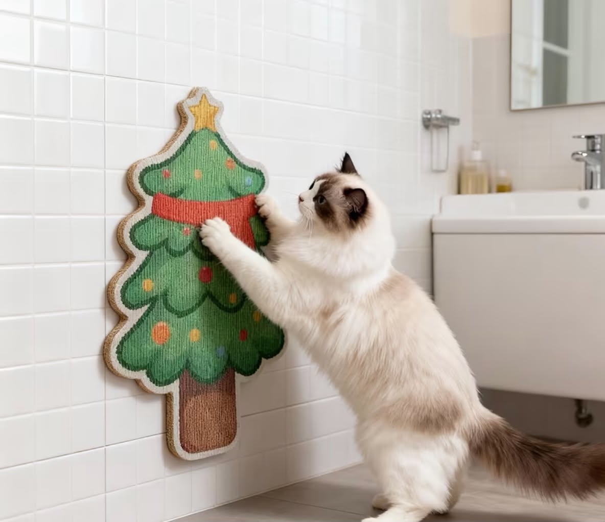 A Christmas Tree-Shaped Cat Scratching Board - a Multifunctional Scratching Mat