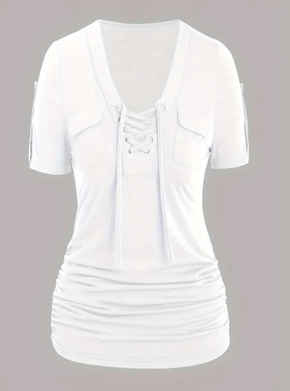 Plus Size -Designed Casual Style Front and Center Eyelet Lace-Up Short Sleeve T-Shirt