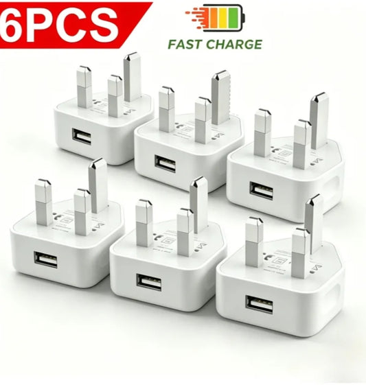 6-Pack UK 3-Pin USB Wall Charger, Power Adapter for Mobile Phones And Tablets
