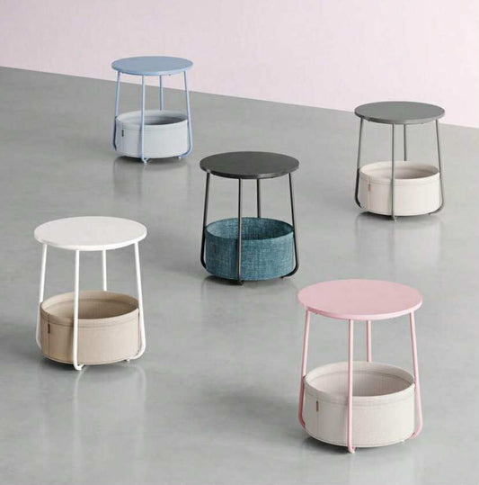 Side Table, Round End Table With Fabric Basket