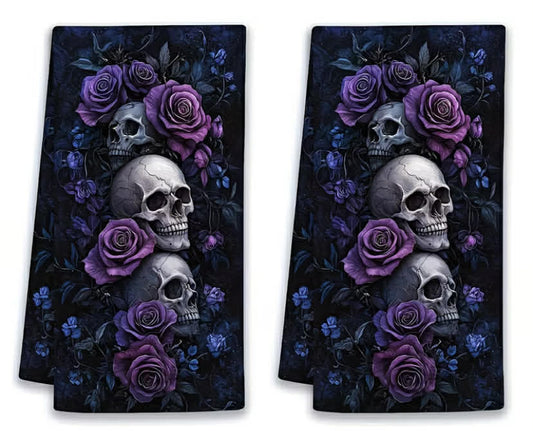 2 pcs Gothic Rose Skull Pattern Kitchen Towel Set