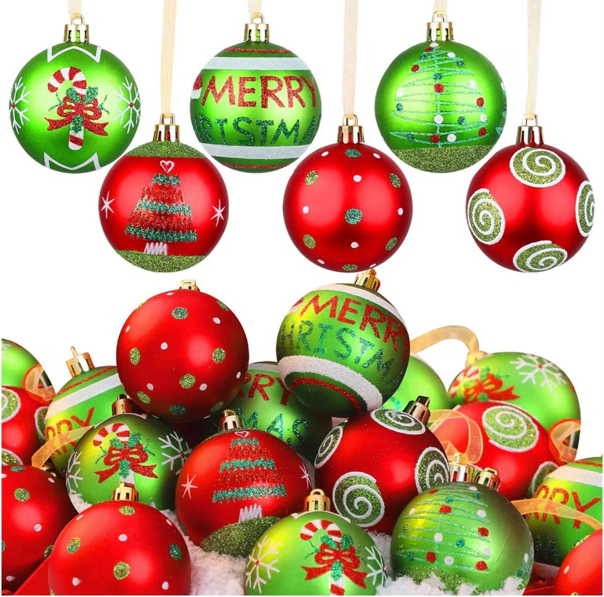 30Pcs, Outdoor Glittering Elf Ball Xmas Decoration, Red Green Christmas Bulbs Ornament Hanging Decor, 6cm Shatterproof Plastic Balls