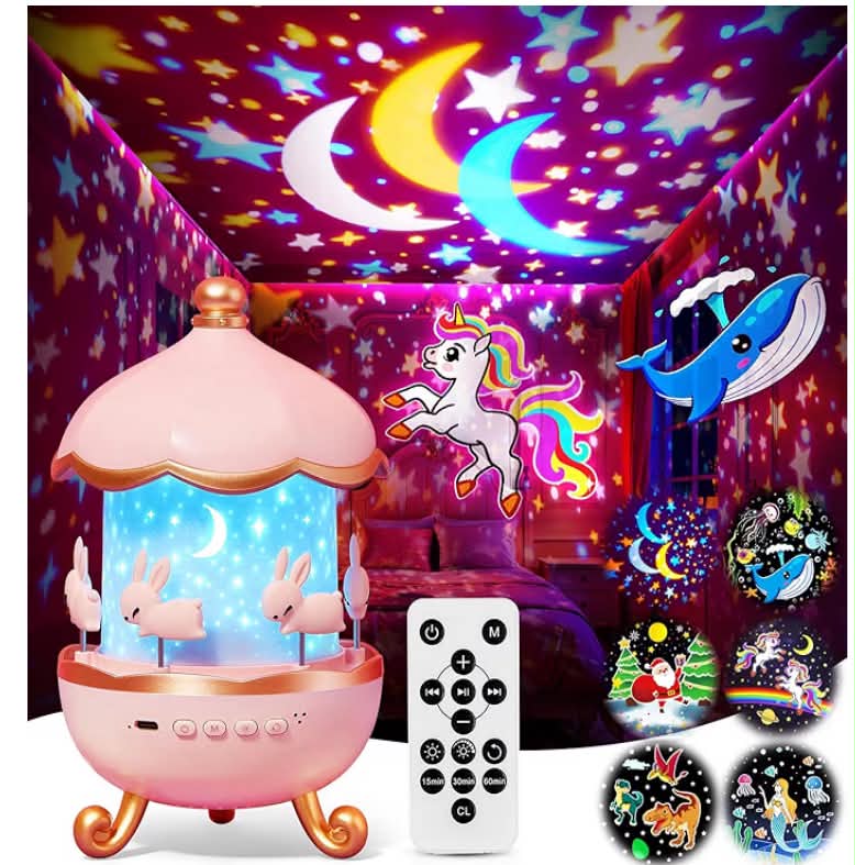 One Fire Educational Star Projector Night Light, Unicorn Gifts for Girls, 15 Sounds Night Light with 15 Films & 315 Modes, Rechargeable Sleep Aid with 360° Rotating, Remote & Timer