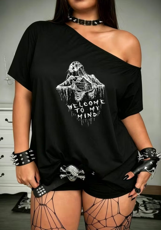 Plus Size -Gothic Off-The-Shoulder Short-Sleeved Top, Dark Skeleton Tear, Welcome to My Mind Letter Print,