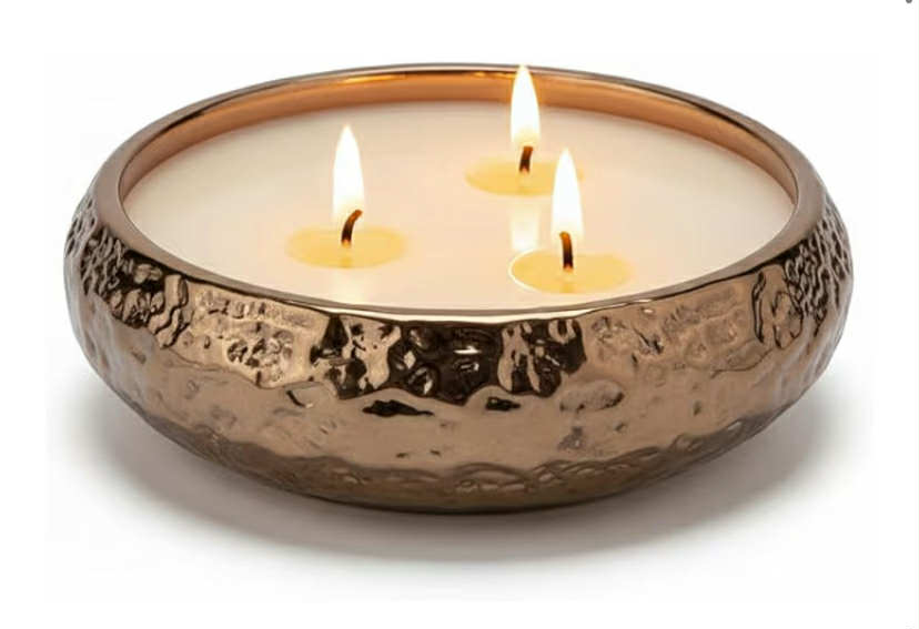 3 Wick Vanilla Scented Candle in Hammered Champagne Bowl (14 cm)