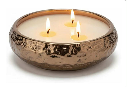 3 Wick Vanilla Scented Candle in Hammered Champagne Bowl (14 cm)