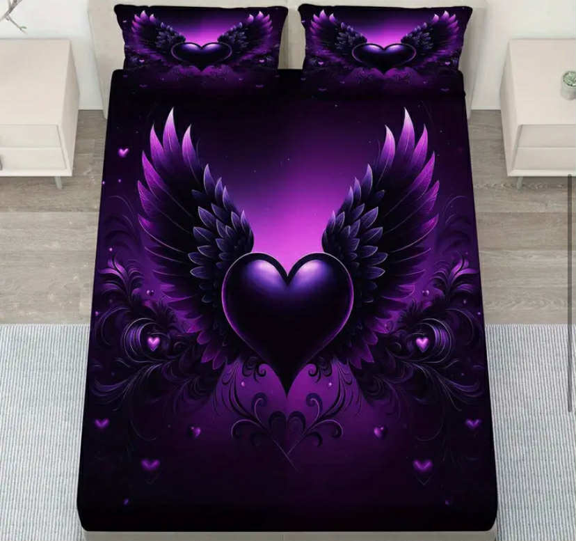 3 pcs Purple Winged Heart Bed Sheet Fitted sheet Three Piece Set (1*Fitted Sheet+2*Pillowcases, Coreless)