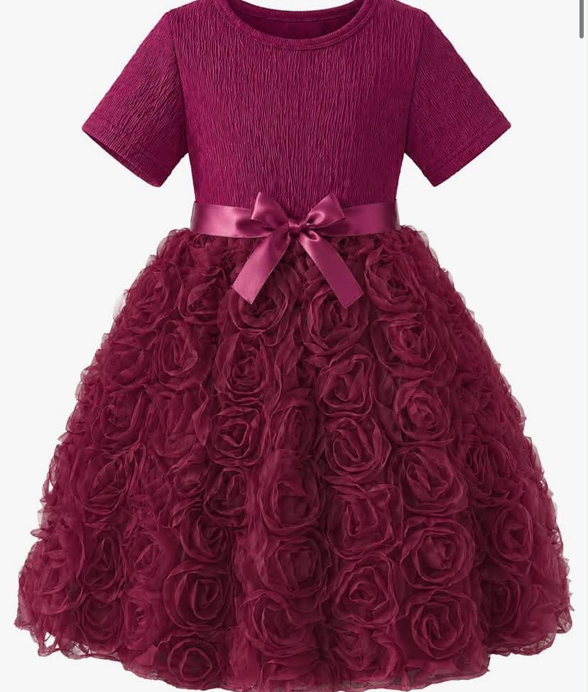 Girls Flower Dress Long Sleeve Rose Tulle Princess Party Dress with Satin Bow, Toddler Little Girls Birthday Wedding Occasion Dresses