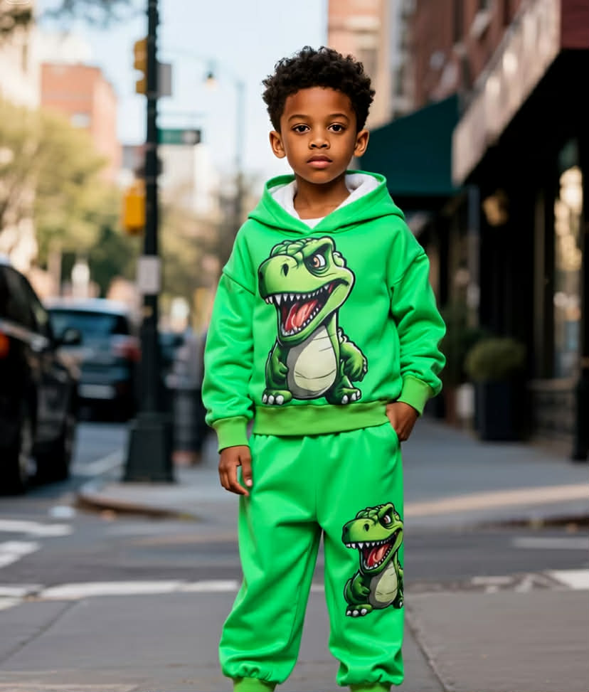 2 pcs Boys' Dinosaur Print Hoodie and Jogger Set.
