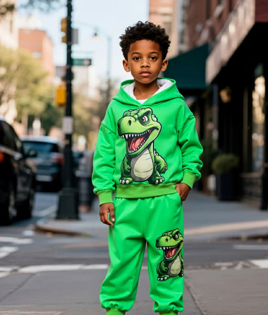 2 pcs Boys' Dinosaur Print Hoodie and Jogger Set.