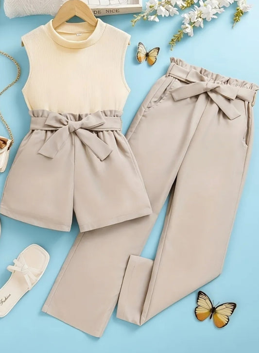 Girls' Summer/Autumn Set: Sleeveless High-Neck Top + Bow High-Waist Shorts/Pants, Sweet and Fresh Three-Piece Outfit,
