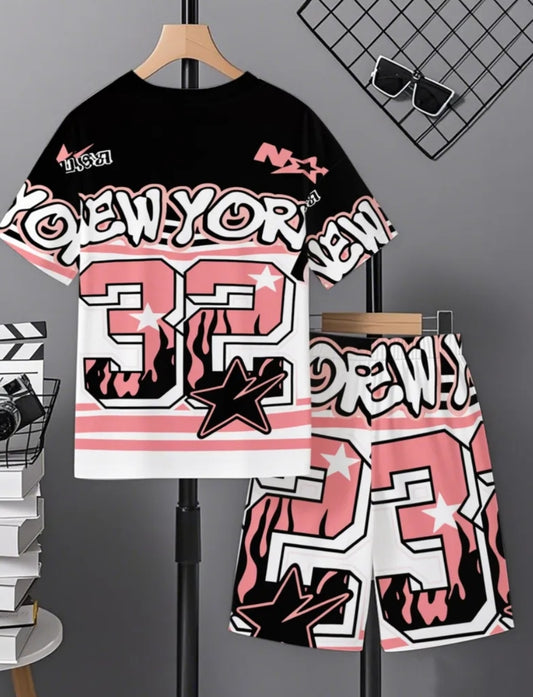 2pcs, Children's Summer Trendy Short Sleeve Shorts Set for Girls - American Streetwear with 32 Number Print Sporty
