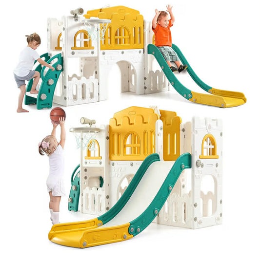 8-in-1 Toddler Climbing Frame with Slide, Toddler Slide and Climbing Frame Indoor Play Centre for 1-3 Year Olds, Kids Jungle Gym Playset with Tunnel, Basketball Hoop, Steering Wheel, Telescope