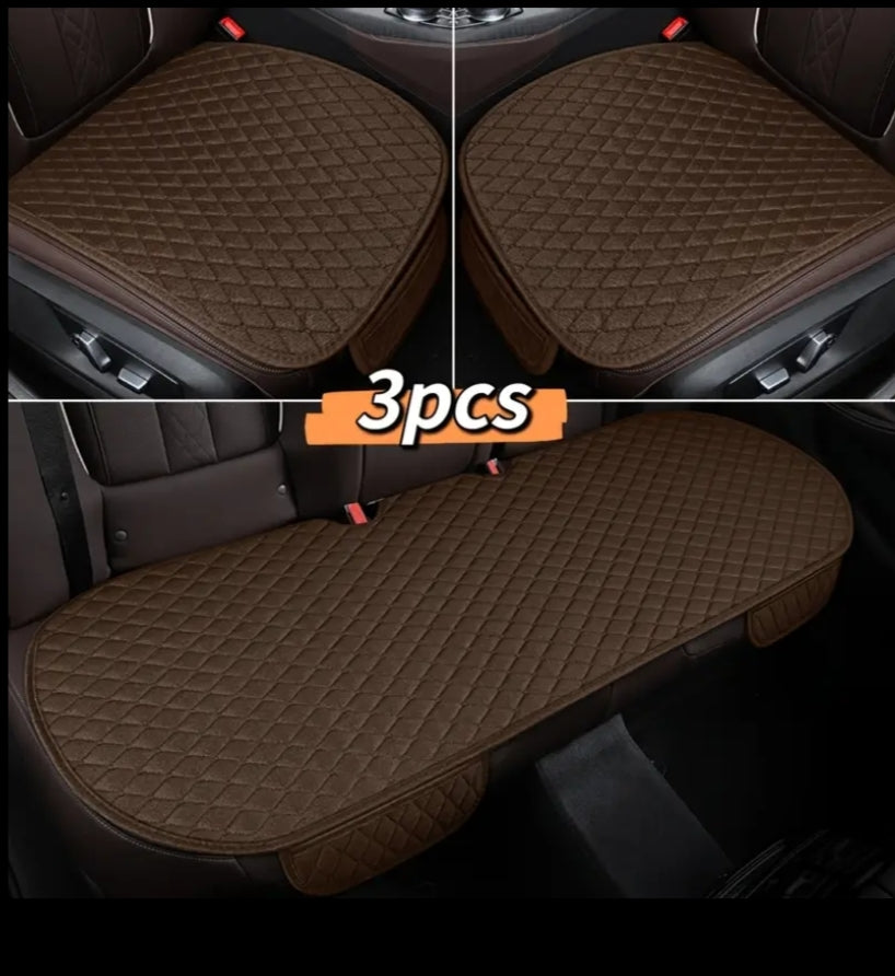Linen Texture Car Seat Cushion 3pcs Set with Small Rhombus Embroidery, Universal All-Season Cushion with Storage Pocket, Includes 2 Front Seat Cushions and 1 Rear Seat Long Cushion, 3pcs Seat Cushion Set