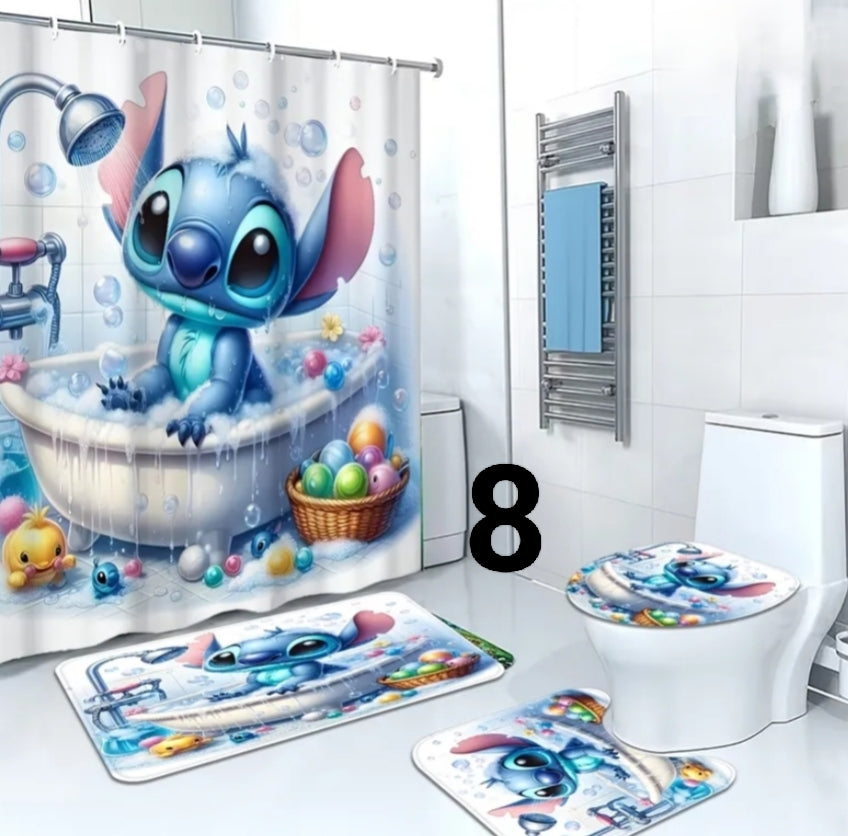 4 pcs Home Bathroom Shower Curtain And Mat Set Stitch Cute Moments -  Includes Shower Curtain, Toilet Lid Cover, Floor Mat And U-Shaped Mat  180.01X180.01Cm, with 12 Hooks