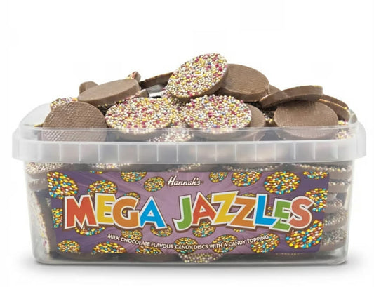 600g Chocolate Flavour Mega Jazzles Candy Buttons, Large Resealable Tub with Crunchy Topping, Retro Confectionery for Sharing, Party Bag Fillers and Gift Ideas, Traditional Sweetshop Favourite