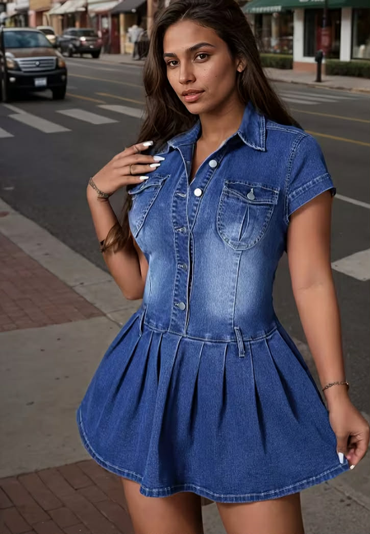 Denim Dress with Collar, Button Closure, Pockets, And Short Sleeves