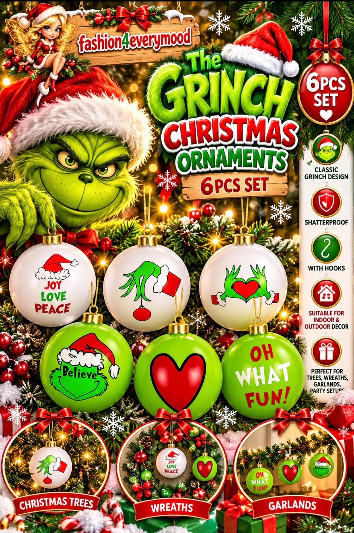 🎄The Grinch Christmas Ornaments – 6pc Set 🎄