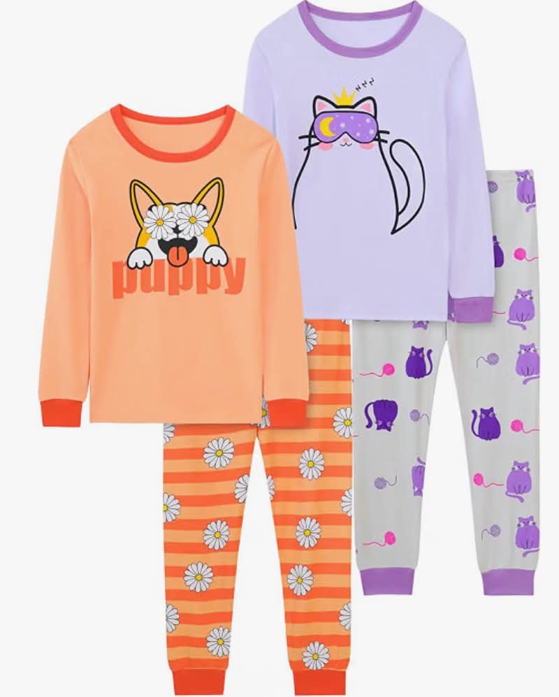 Girls 4-Piece Pyjamas Cotton  Pjs Set Kids