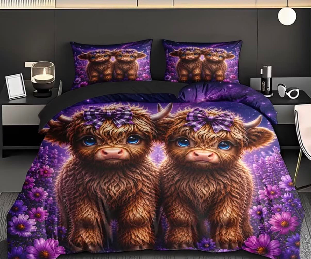New Cute Twin Highland Cow Theme Duvet Cover Set