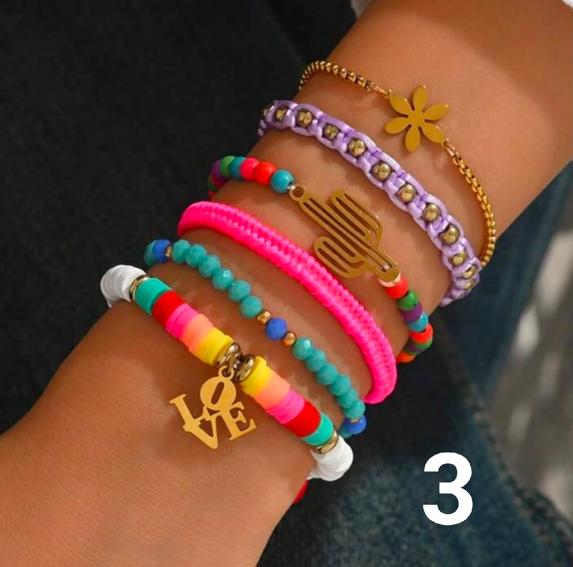 7pcs/Set Handmade Adjustable Bracelets With Ocean Theme Dopamine Color Charms, Including Coconut Tree, Sun Pendant,