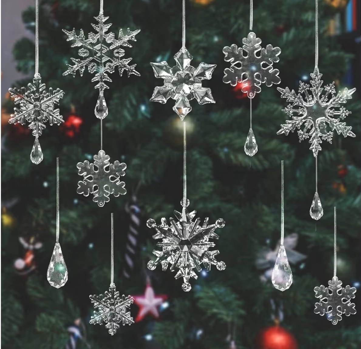 34pcs Crystal Christmas Ornaments, Clear Snowflake XMAS Hanging Pendants