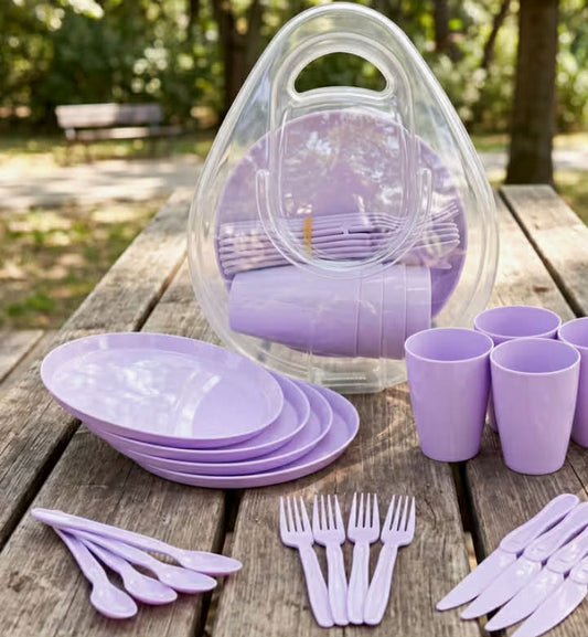 21 Piece Picnic Set - Reusable Purple Camping Dinner Set for 4 with Plates, Cups, Cutlery & Storage Box - Dishwasher Safe & Portable Outdoor BBQ, Party & Kids Tableware