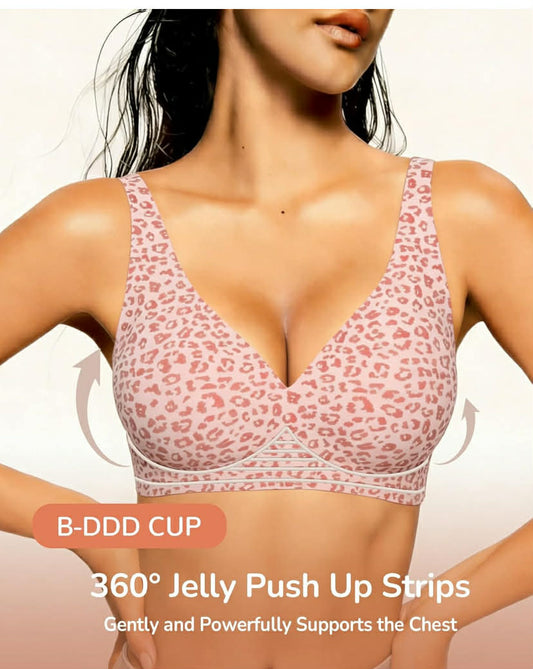 Jelly Bras for Women Deep V Wireless Push Up Leopard Bra Lift Supportive Full Coverage No Underwire Seamless Jelly Bras Plunge Bralette Comfort Adjustable Straps Everyday T-Shirt Shape curve Bra