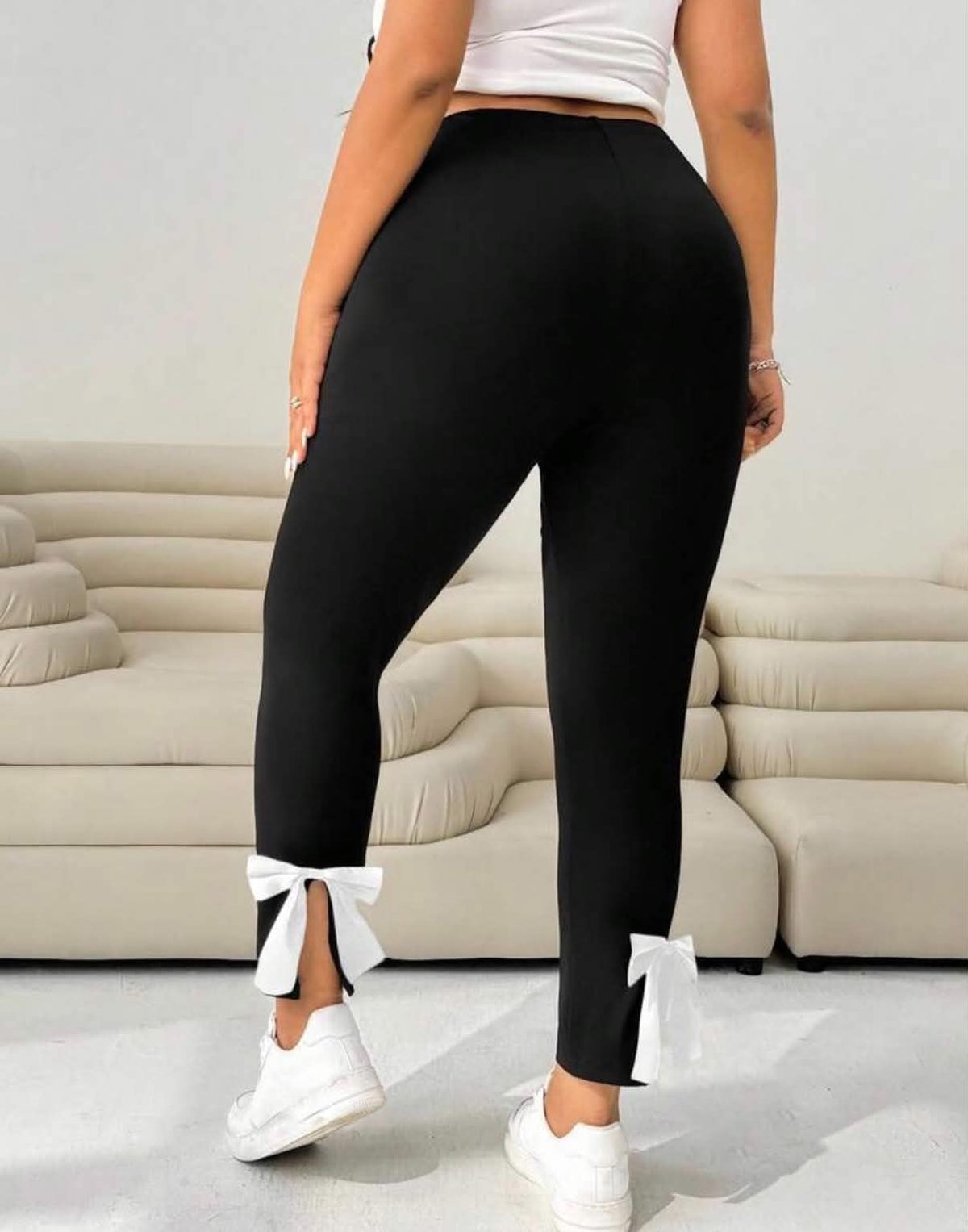 Plus Size Polka Dot Casual Slim Fit Pants With Bow Decor, Versatile