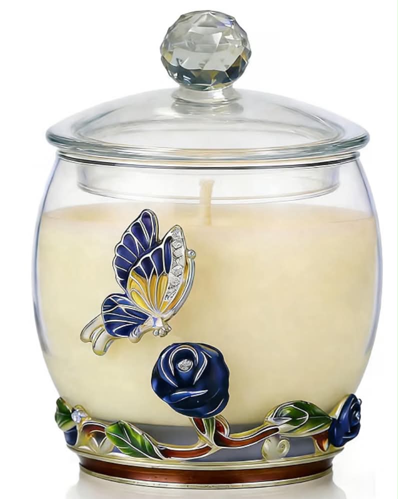 Luxury Scented Candles Gifts for Women - Enamel Butterfly & Blue Rose Decorative Glass Jar with Faceted Crystal Lid, Natural Soy Wax Aromatherapy Candle for Stress Relief