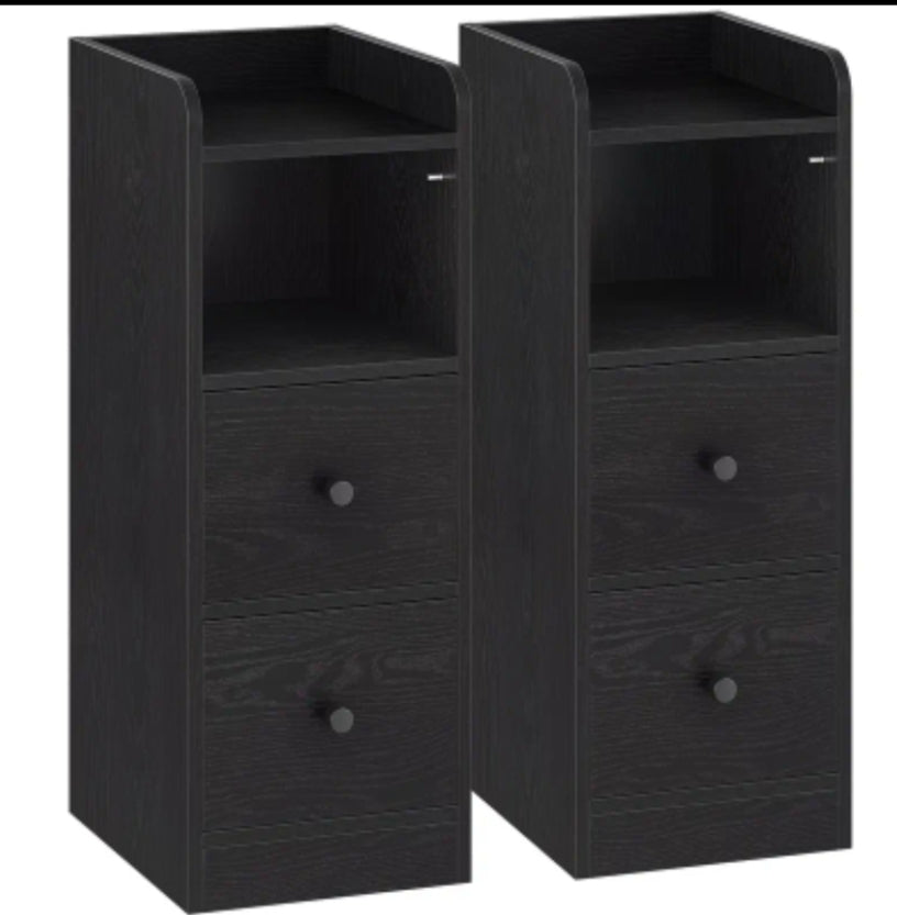 Set of 2 Slim Bedside Table, Narrow Side Table with 2 Drawers, Bedside Cabinet with Open Compartment, Adjustable Drawer Position for Bedroom, Living Room, 30 X 24 X 65cm