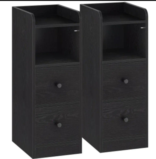 Set of 2 Slim Bedside Table, Narrow Side Table with 2 Drawers, Bedside Cabinet with Open Compartment, Adjustable Drawer Position for Bedroom, Living Room, 30 X 24 X 65cm