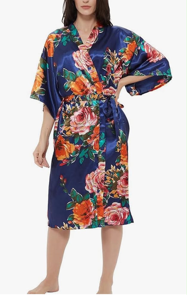 Women's Satin Rose Print Kimono Robe Premium Peacock Bridesmaid Bridal Dressing Gown Sleepwear Nightwear