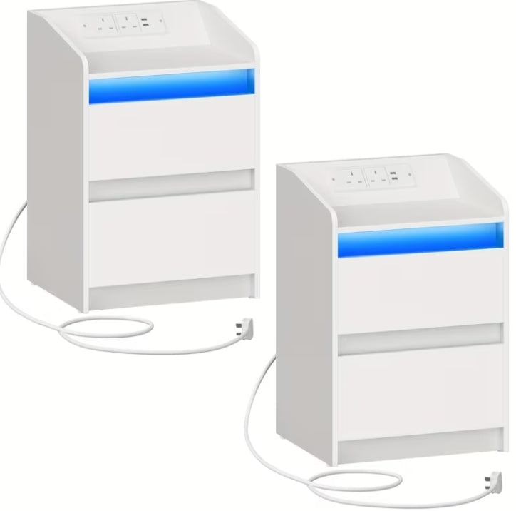 Bedside Tables with LED Lights, Charging Station And 2 Drawers, Side Table with USB Ports And Electrical Outlets,