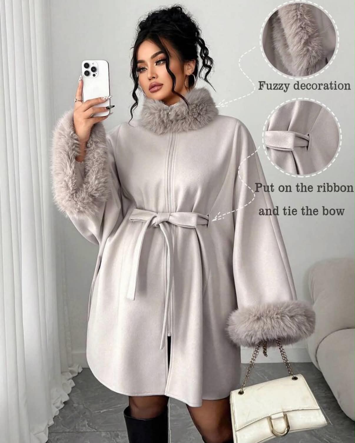 Plus Size Frayed Zipper Minimalist Fashion Drawstring Wool Blend Coat