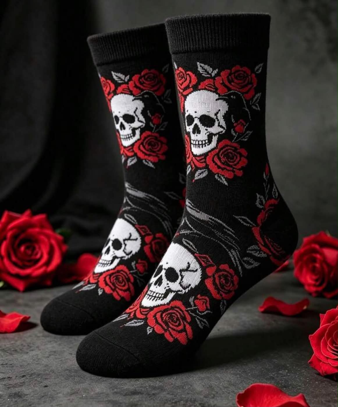 5 Pairs Unisex  Gothic Skull Red Rose Mid-Calf Socks, Dark Jacquard Character Costume Socks,