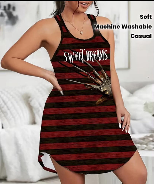 Striped Print Round Neck Tank Nightgown with Curve-Hugging Hem, All-Season Machine Washable Lounge Wear for Home Relaxation, Sleep Shirt, Playful Print Design, Soft Comfortable Material