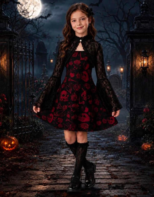 Halloween Girls Lace Jacket And Funny Skull Print Spaghetti Strap Dress, Festive Atmosphere