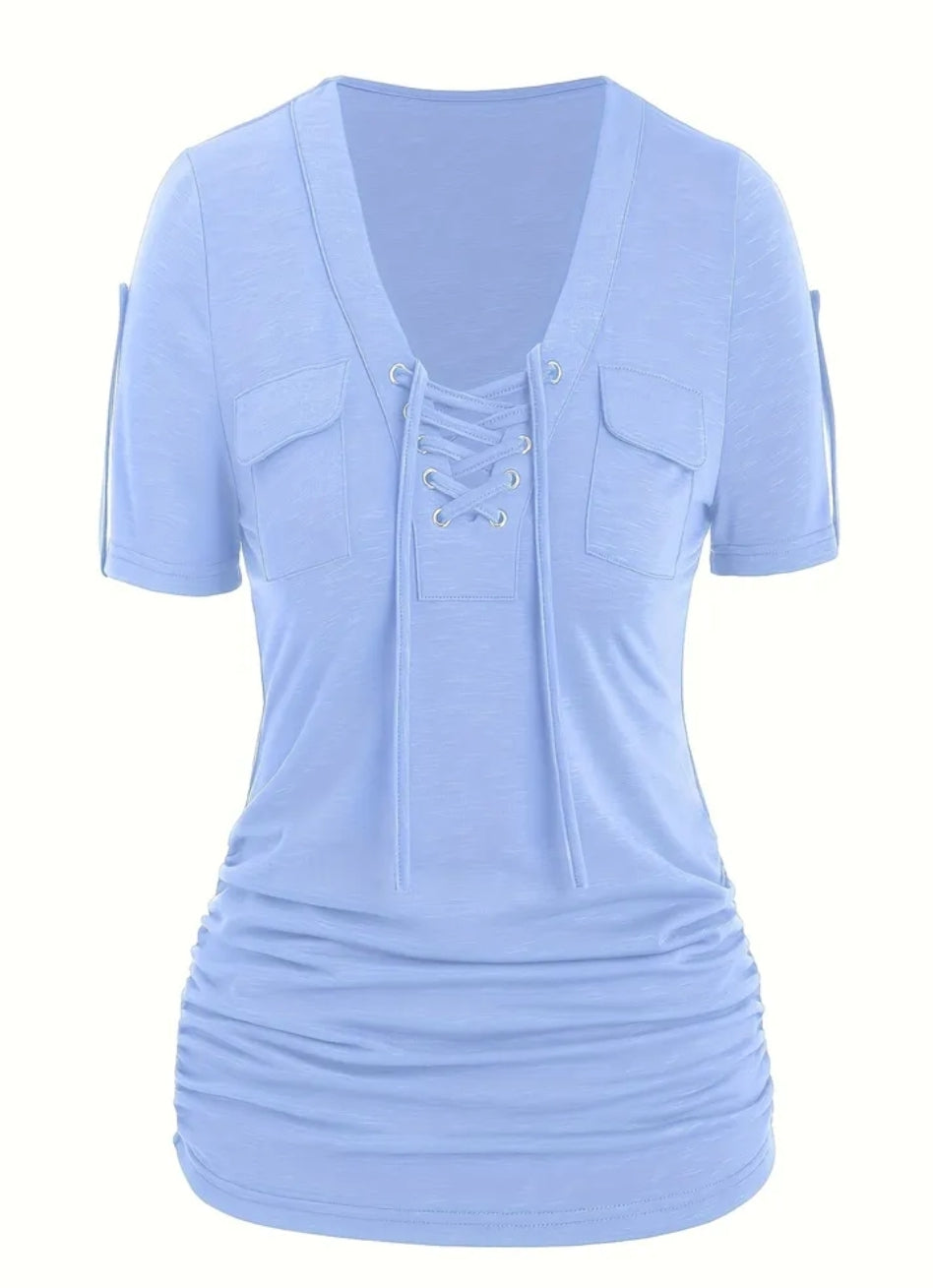 Plus Size -Designed Casual Style Front and Center Eyelet Lace-Up Short Sleeve T-Shirt