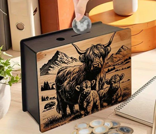 A Small Wooden Piggy Bank for a Little Calf, a Side of The Piggy Bank,