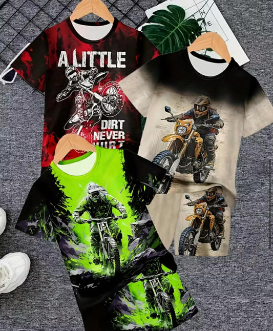 6pcs Set of Boys' Cool Off-Road Motorcycle 3D Printed Pattern, Boys' T-Shirt Short Sleeved Set Shorts Casual Fashion Sportswear