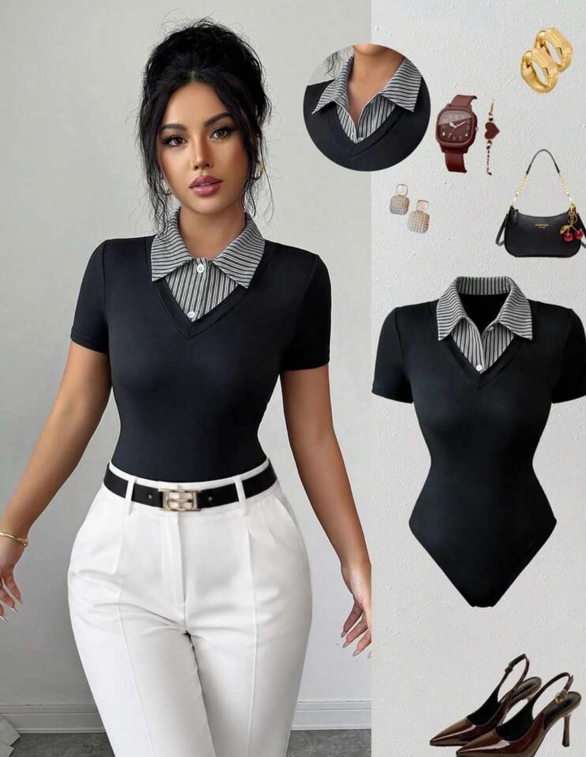 Women's Striped Patchwork 2 In 1 Short Sleeve Bodysuit