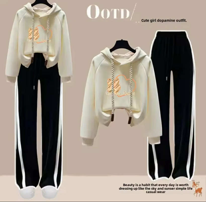Stylish Women's Spring Autumn Hooded Sweatshirt Loose-Fit Top 2-Piece Set