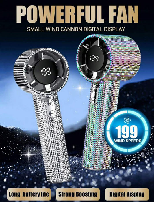 Portable Handheld Turbo Fan, 199 Levels, Sparkling Crystal Sequin Design Mini Fan, Personalized Fan, USB Rechargeable Handheld Electric Fan With LED Digital Display, Long Battery Life, Fashionable Portable fan