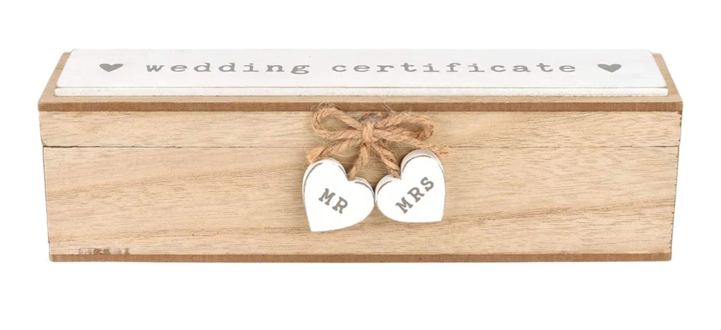Love Story Wooden Wedding Day Marriage Certificate Holder Box with Hearts