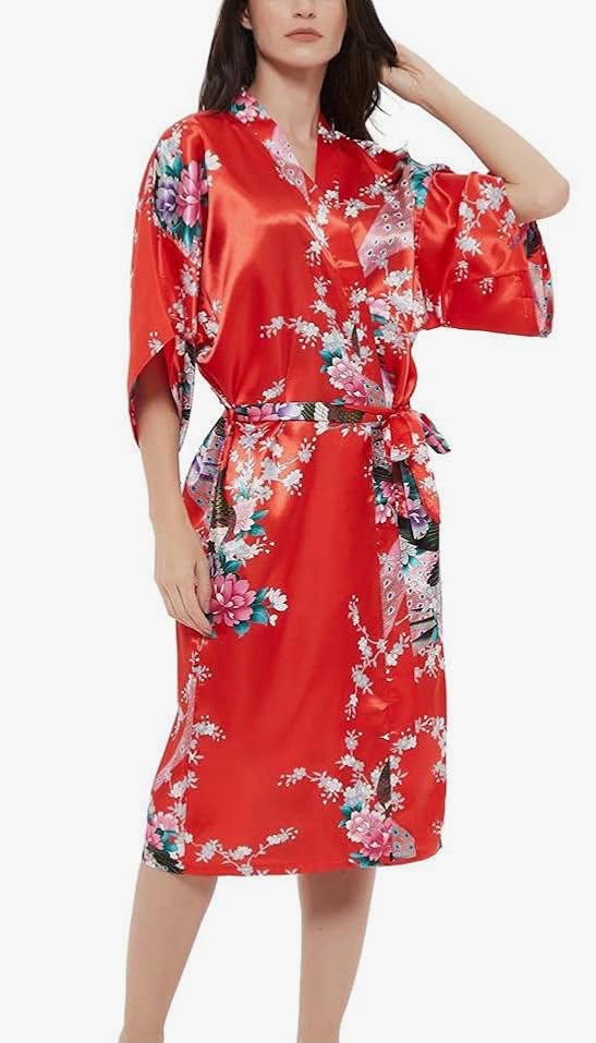 Women's Satin Rose Print Kimono Robe Premium Peacock Bridesmaid Bridal Dressing Gown Sleepwear Nightwear
