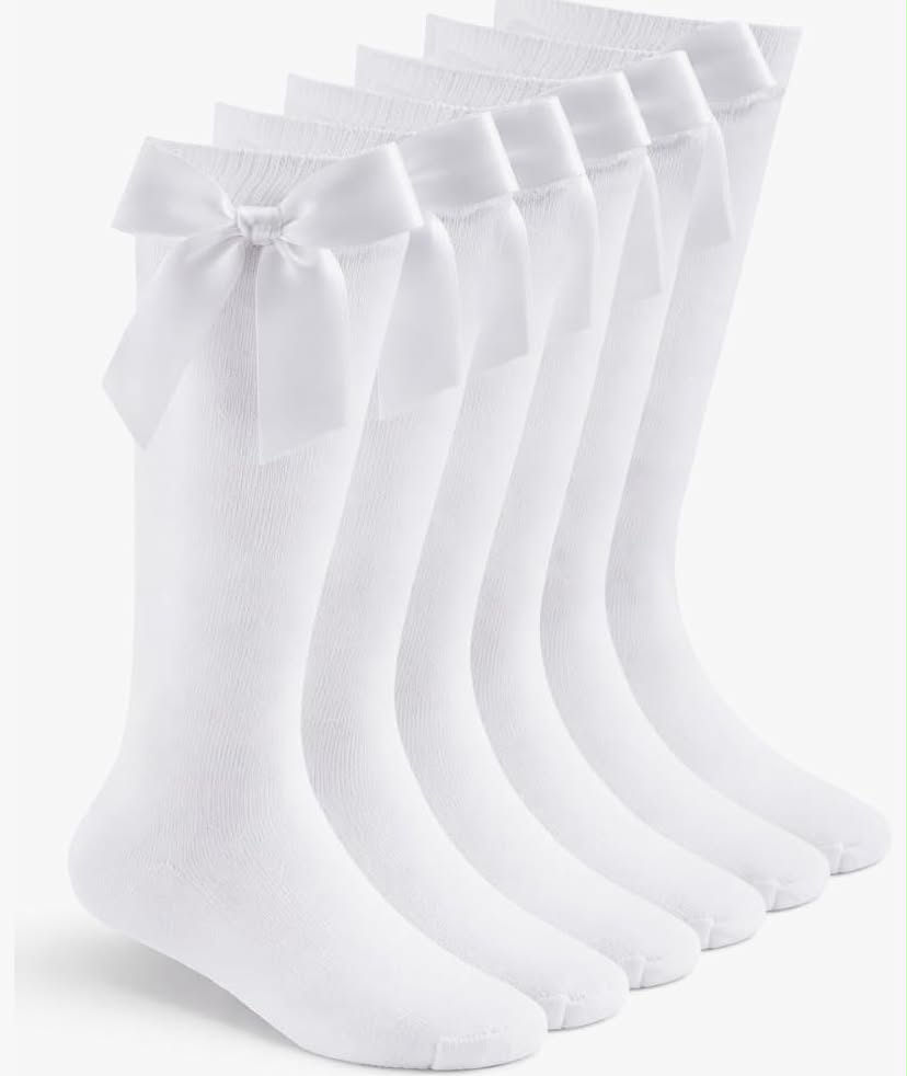 6 Pairs Girls Knee High Socks with Satin Bow Uniform Style with Fluffy Ribbons Back to School Multipack Party Wear Black White Navy Grey