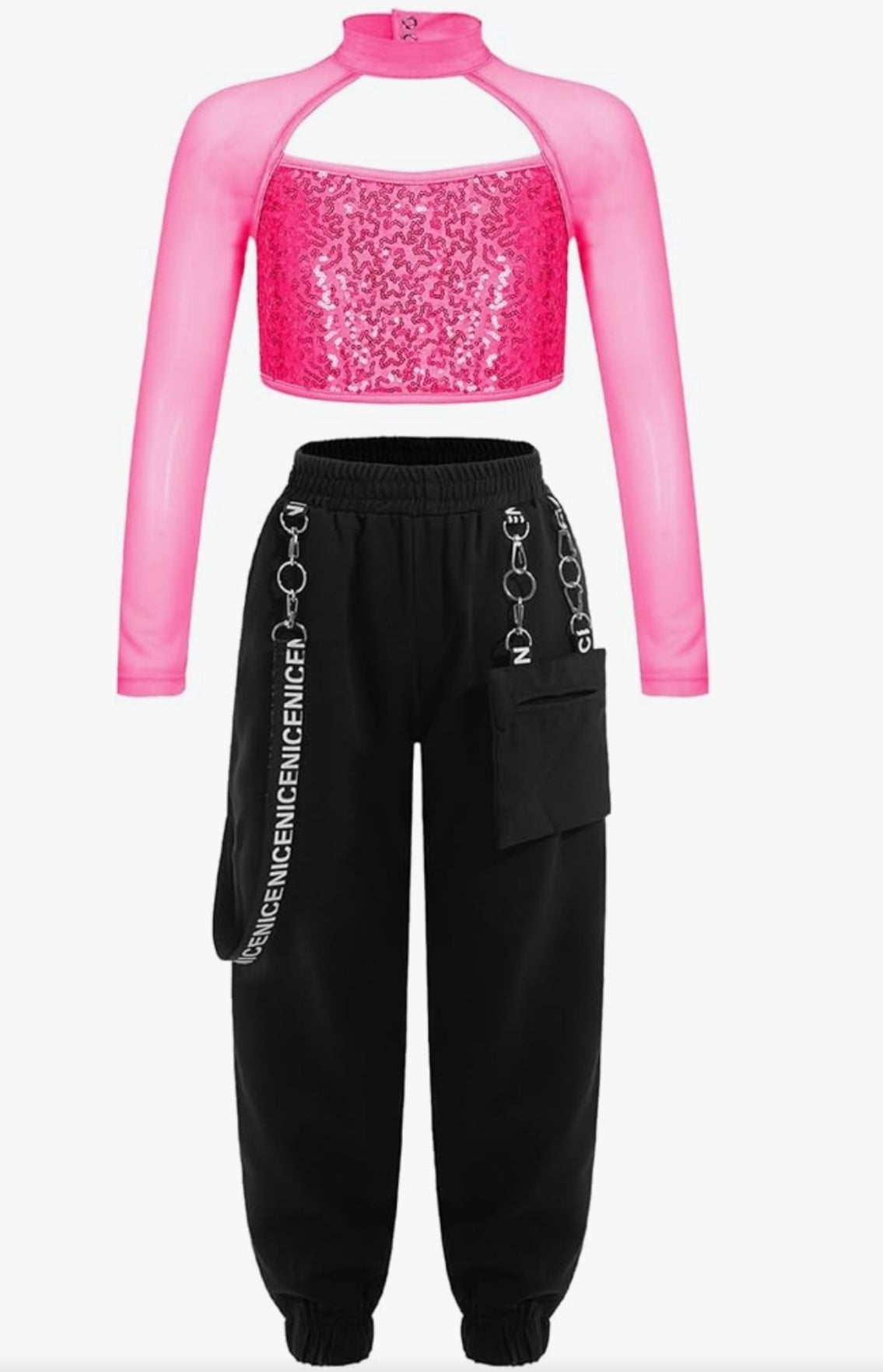 Kids Hip Hop Dance Clothes Girls Street Dance Outfits Mesh Sleeves Sequins Crop Tops and Jogger Pants Set